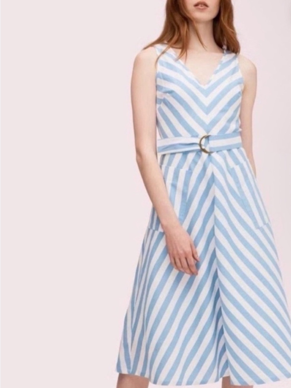 Kate  spade Light Blue & White Striped Sleeveless Belted Midi Dress . NWOT